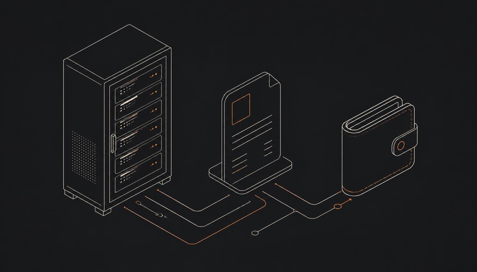 Isometric line drawing of a server, an invoice and a wallet connected by routed lines, in orange on a dark background