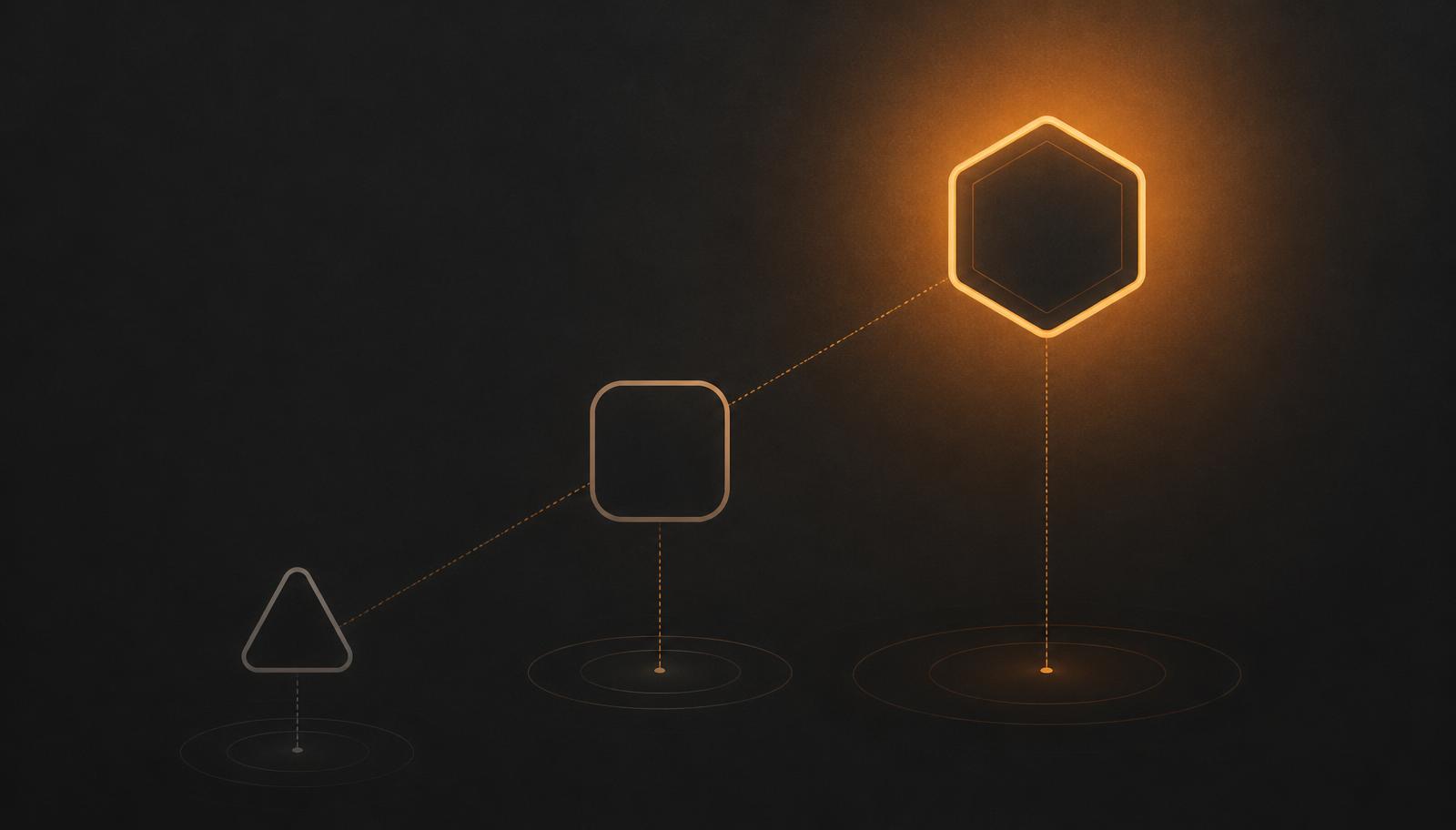 Three outlined geometric badges at different heights and brightness levels on a dark background, connected by faint guide lines
