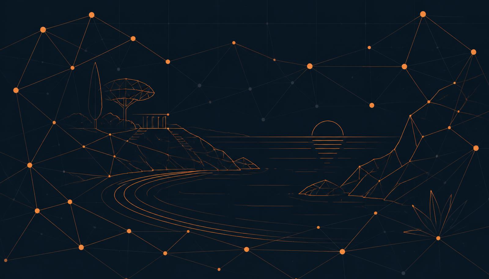 Abstract line illustration of a cove formed by a network of connected nodes, in orange on a dark background